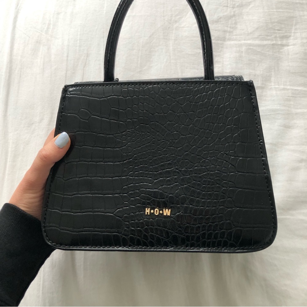 HOW House of Want woke newbie vegan leather small satchel black crocodile bag